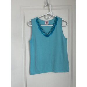 Pink Poodle Embellished Blue Tank Top